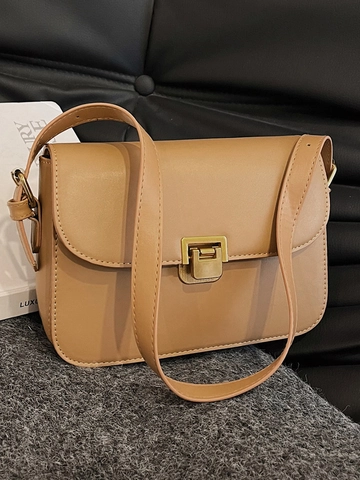 Vintage PU Leather Crossbody Bag For Women Minimalist Square Shoulder Bag With Metal Lock Business Commuter Handbag