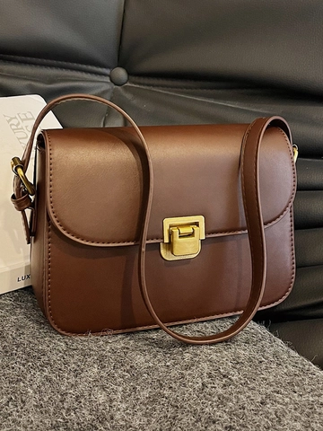 Vintage PU Leather Crossbody Bag For Women Minimalist Square Shoulder Bag With Metal Lock Business Commuter Handbag