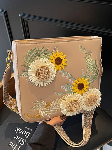 Sac Seau Bandoulière Femme en Cuir PU Avec Broderie 3D Tournesol et Marguerite Sangle Large Tissée Style Ethnique
