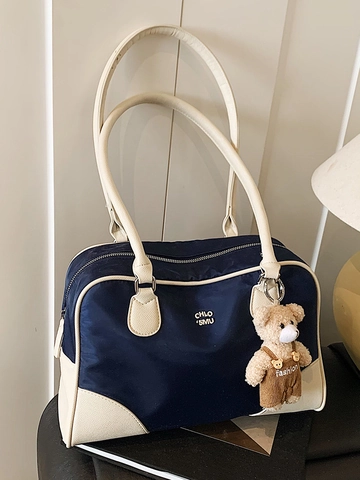 Damen Retro Nylon PU Patchwork Boston Schultertasche Hohe Kapazität Minimalistisch Urban Pendler Tote Mit Plüschbär-Anhänger
