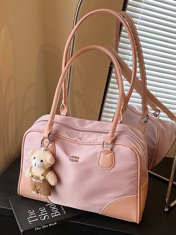 Damen Retro Nylon PU Patchwork Boston Schultertasche Hohe Kapazität Minimalistisch Urban Pendler Tote Mit Plüschbär-Anhänger