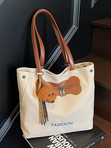 Bolso Tote de Lona de Gran Capacidad para Mujer Mochila Bolso de Hombro Multiusos Con Parche de Cuero Hueso Llavero de Peluche Bordado