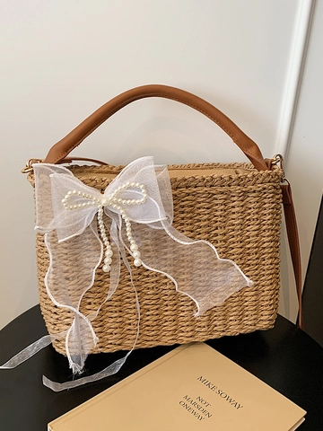 Bolso Bandolera de Paja Tejida para Mujer Con Lazo de Encaje de Malla Decoración de Perla Artificial Bolso de Playa Pastoral Verano