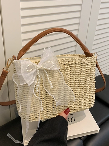 Bolso Bandolera de Paja Tejida para Mujer Con Lazo de Encaje de Malla Decoración de Perla Artificial Bolso de Playa Pastoral Verano