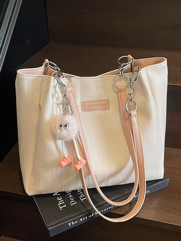 Bolso Tote de Cuero PU de Gran Capacidad para Mujer Bolso de Hombro con Textura de Ondas y Amuleto de Bola de Pelo