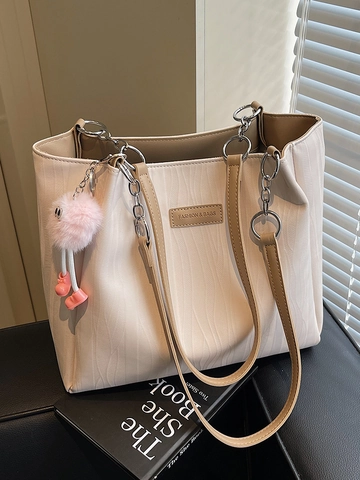 Bolso Tote de Cuero PU de Gran Capacidad para Mujer Bolso de Hombro con Textura de Ondas y Amuleto de Bola de Pelo