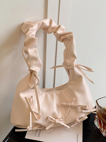 French Sweet Balletcore Style Bow Ruched Tote Bag Fashion PU Leather Shoulder Bag For Women Daily Casual Handbag