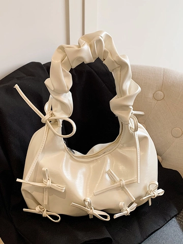 French Sweet Balletcore Style Bow Ruched Tote Bag Fashion PU Leather Shoulder Bag For Women Daily Casual Handbag