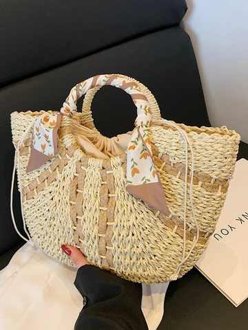 Handmade Straw Woven Bucket Bag For Women Contrast Color Stripe Tote With Floral Silk Scarf Top Handle Drawstring Summer Beach Handbag