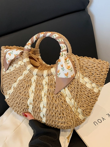 Handmade Straw Woven Bucket Bag For Women Contrast Color Stripe Tote With Floral Silk Scarf Top Handle Drawstring Summer Beach Handbag