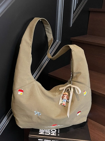 Große Kapazität Segeltuch Tote Tasche Für Damen Stickerei Schultertasche Studenten Hobo Tasche Mit Puppen-Anhänger