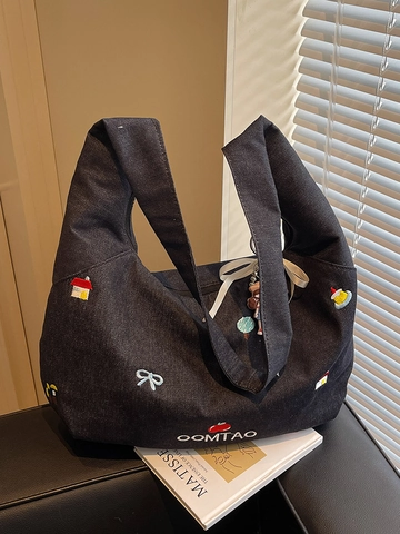 Große Kapazität Segeltuch Tote Tasche Für Damen Stickerei Schultertasche Studenten Hobo Tasche Mit Puppen-Anhänger