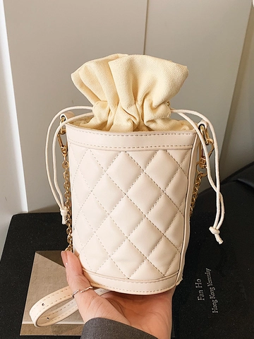 Bolso de Cubo con Cordón Acolchado para Mujer Elegante Vintage de Cuero PU Bolso Bandolera Lingge con Cadena de Metal