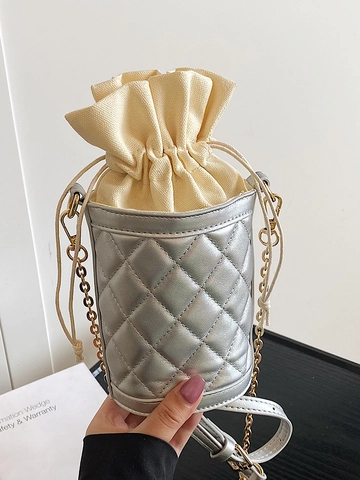 Bolso de Cubo con Cordón Acolchado para Mujer Elegante Vintage de Cuero PU Bolso Bandolera Lingge con Cadena de Metal
