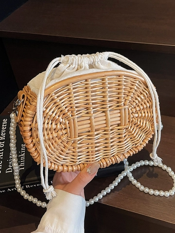 Borsa Intrecciata in Paglia Fatta a Mano Donna Tracolla con Perle Artificiali Borsa a Tracolla Traforata Vacanza Mare Borsa a Secchiello Estiva