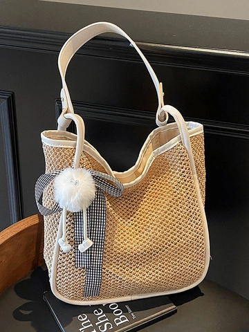 Borsa Tote in Paglia per Vacanze Estive da Donna Moda Intrecciata Borsa a Tracolla Grande Capacità Borsa da Spiaggia Con Pendente in Peluche