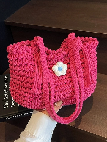 Handmade Crochet Flower Woven Bucket Bag Women Mori Girl Style Thick Thread Knit Shoulder Bag Sweet Tassel Summer Beach Tote Bag