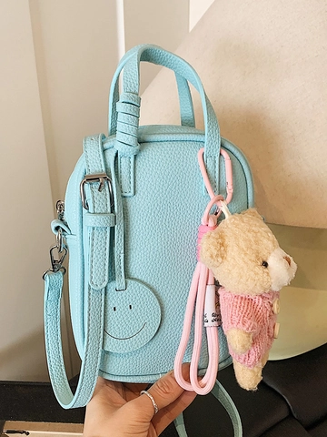Mini Sac Bandoulière Femme Cuir PU Texture Litchi Pochette Téléphone Avec Charme d'Ours Style Frais Mignon Sac à Main
