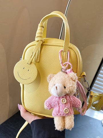 Mini Sac Bandoulière Femme Cuir PU Texture Litchi Pochette Téléphone Avec Charme d'Ours Style Frais Mignon Sac à Main