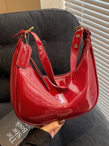Women Patent Leather Underarm Bag Minimalist Solid Color Hobo Shoulder Bag Shiny PU Leather Daily Commute Fashion Handbag