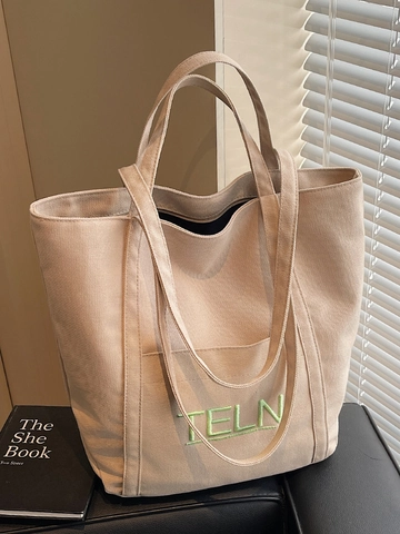 Damen Lässig Canvas Shopper Große Kapazität Schultertasche Für Arbeit Schule Studenten Minimalistisch Stickerei Buchstaben Tasche