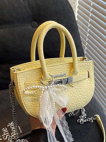 Sac Seau pour Femmes en Cuir PU Motif Litchi Sac Bandoulière Chaîne avec Décoration Noeud en Perles Artificielles et Dentelle