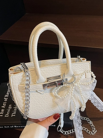 Sac Seau pour Femmes en Cuir PU Motif Litchi Sac Bandoulière Chaîne avec Décoration Noeud en Perles Artificielles et Dentelle