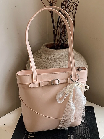 Sac Seau en Cuir PU Mode Femme Avec Breloque Noeud en Dentelle et Perle Artificielle Sac Bandoulière Trendy Street Quotidien