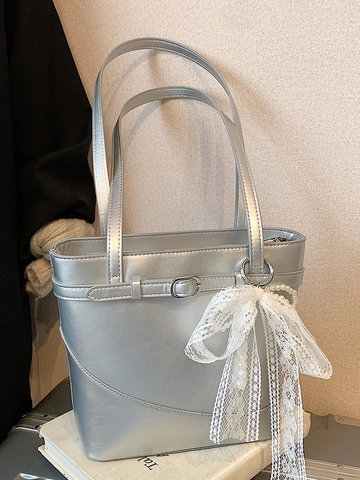 Sac Seau en Cuir PU Mode Femme Avec Breloque Noeud en Dentelle et Perle Artificielle Sac Bandoulière Trendy Street Quotidien