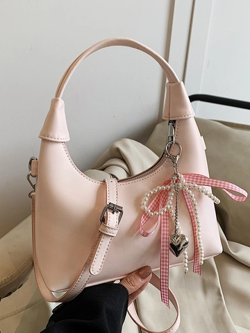 Women PU Leather Hobo Crossbody Bag With Plaid Bow And Artificial Pearl Heart Charm Minimalist Fashion Shoulder Bag Handbag