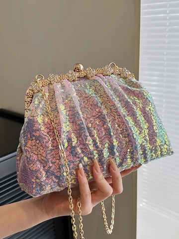 Elegante Borsa da Sera in Paillettes Con Chiusura a Fiore in Strass Tracolla in Catena di Metallo Pochette Donna per Matrimonio
