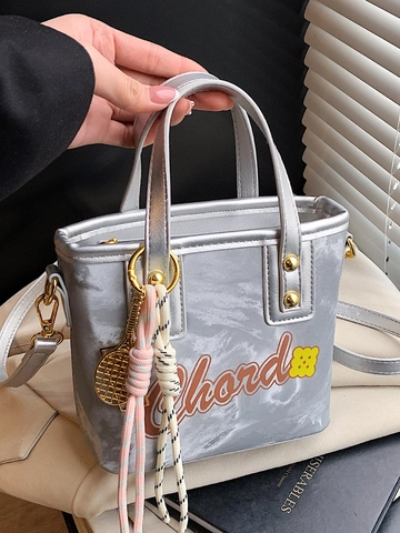 Mode Buchstaben Druck PU Leder Eimertasche Für Damen Nische Design Handtasche Umhängetasche Stilvolle Alltags Pendler Kleine Tasche