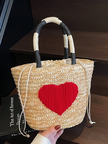 Borsa Tote in Paglia Intrecciata a Mano Con Ricamo a Cuore Anatra Borsa a Tracolla da Spiaggia Estiva Con Chiusura a Coulisse Donna