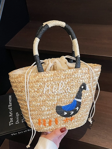 Borsa Tote in Paglia Intrecciata a Mano Con Ricamo a Cuore Anatra Borsa a Tracolla da Spiaggia Estiva Con Chiusura a Coulisse Donna