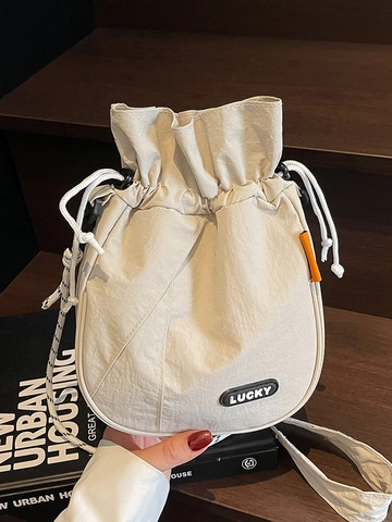 Casual Japanese Style Drawstring Bucket Bag For Women Men Lightweight Fabric Crossbody Bag Solid Color Urban Shoulder Bag