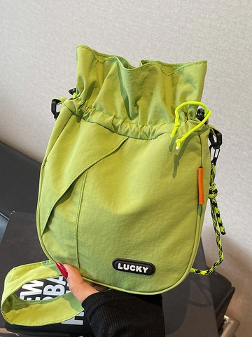 Casual Japanese Style Drawstring Bucket Bag For Women Men Lightweight Fabric Crossbody Bag Solid Color Urban Shoulder Bag