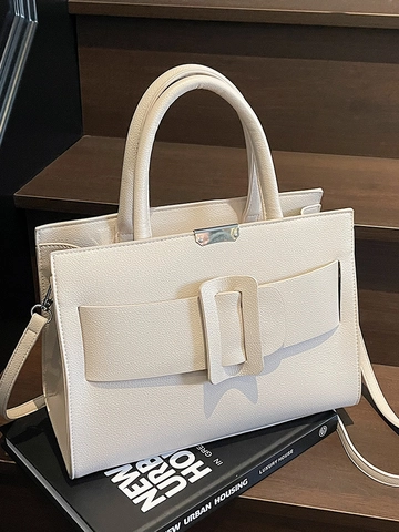 Women Vintage PU Leather Handbag Large Capacity Crossbody Bag With Large Square Buckle Grained Texture Office Commuting Tote Bag