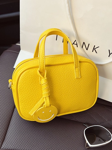 Bolso Bandolera de Cuero PU con Grano de Lichi Color Sólido para Mujer Mini Bolso Almohada con Colgante de Cara Sonriente Bolso de Hombro Versátil