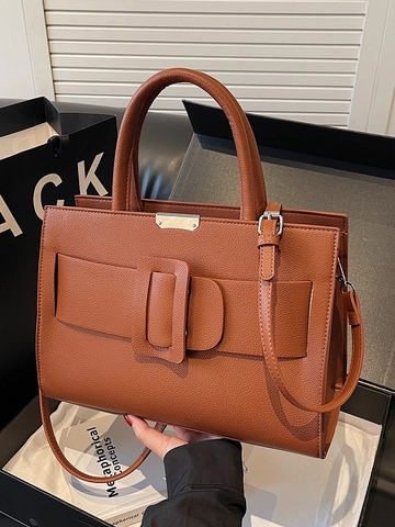 Women Vintage PU Leather Handbag Large Capacity Crossbody Bag With Large Square Buckle Grained Texture Office Commuting Tote Bag