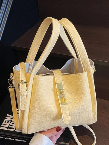 Fashion Women Lychee Pattern PU Leather Shoulder Bag Urban Minimalist Handbag Crossbody Bucket Bag With Gold Lock Purse Set