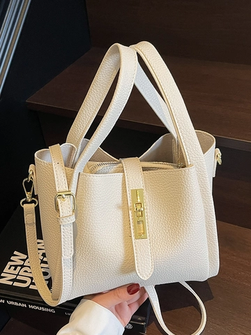 Fashion Women Lychee Pattern PU Leather Shoulder Bag Urban Minimalist Handbag Crossbody Bucket Bag With Gold Lock Purse Set