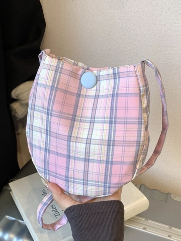 Korean Style Plaid Canvas Crossbody Bag For Women Students Small Shoulder Bag Literary Egg Shape Fabric Pouch Handbag