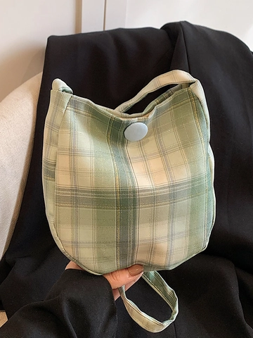 Korean Style Plaid Canvas Crossbody Bag For Women Students Small Shoulder Bag Literary Egg Shape Fabric Pouch Handbag