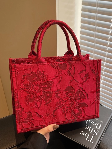 Elegante Borsa Tote da Sposa Ricamata Rossa Vintage Jacquard Tessuto Borsa a Mano Grande Capacità Borsa Regalo Festiva