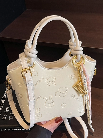Bolso de Cubo de Cuero PU Con Relieve de Animales de Dibujos Animados Para Mujer Bolso Bandolera Con Borla