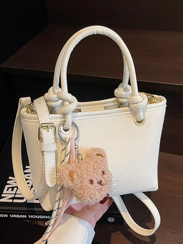 Mode Damen Geflochtene PU Leder Eimertasche Minimalistische Umhängetasche Mit Bärenanhänger Für Den Täglichen Arbeitsweg