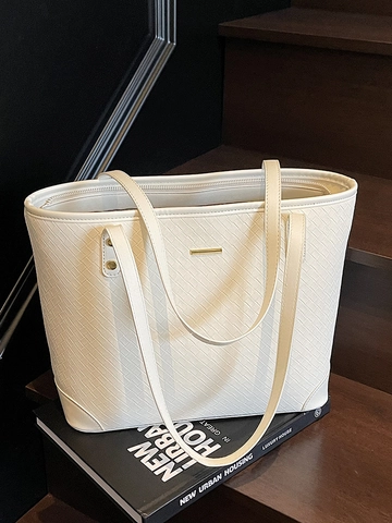 Damen Minimalistisch PU Webmuster Umhängetasche Große Kapazität Pendeln Tote Bag Urban Nähte Doppelgurt Elegante Handtasche Alltäglich