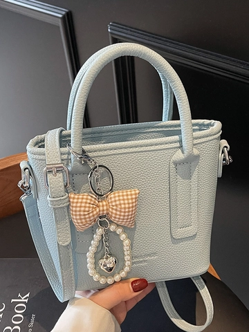 Women's PU Leather Lychee Grain Bucket Bag Fashion Crossbody Handbag With Plaid Bow Pearl Heart Pendant Adjustable Strap