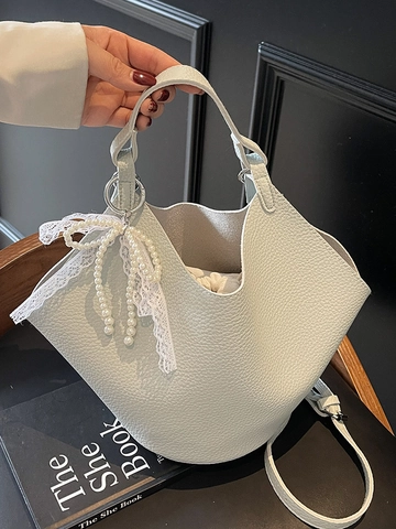 Sac Seau en Cuir PU Grainé de Style Coréen pour Femmes Sac à Bandoulière Minimaliste Avec Nœud en Perles