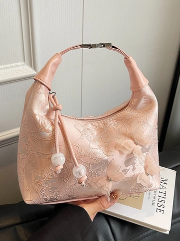 Nouveau Style Chinois Sac à Main en Brocart Brodé avec Papillon 3D pour Femme Élégant Sac Bandoulière Jacquard avec Pendentif Perlé
